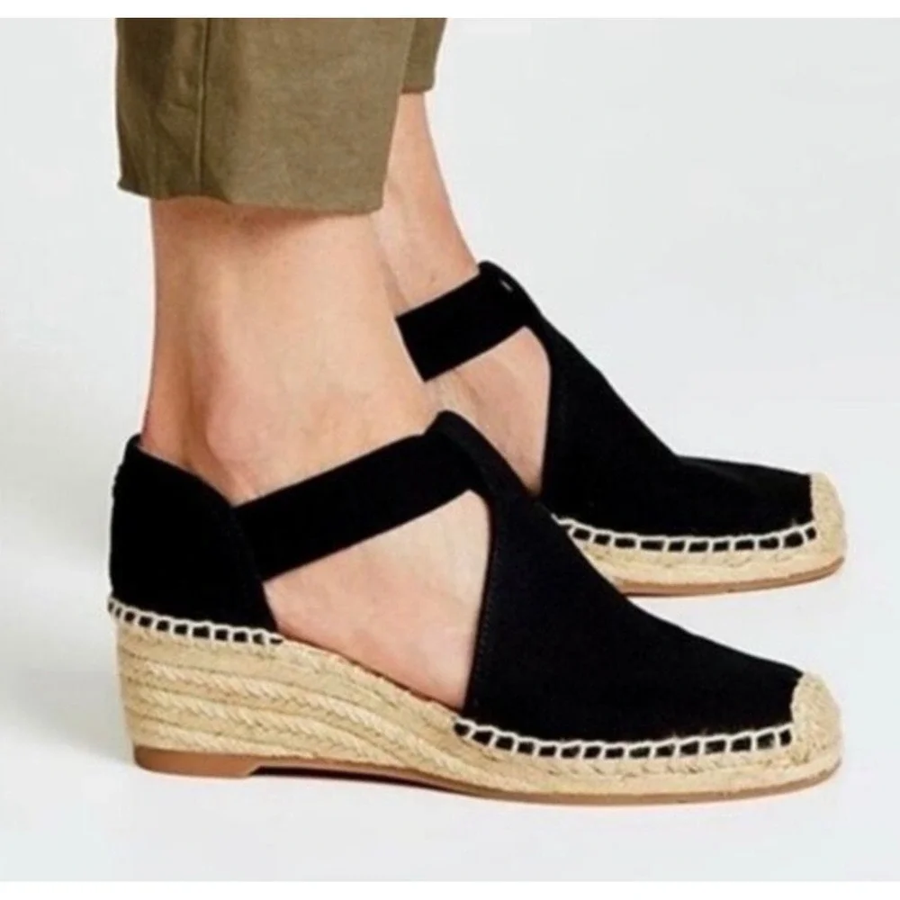 Tory Burch Catalina Black Canvas Wedge Espadrille Sandals Women 9